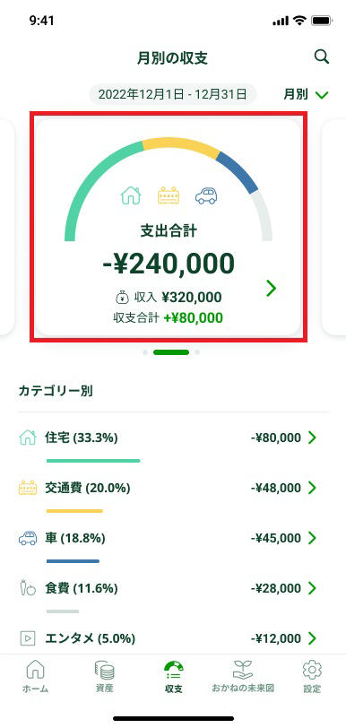 月別/カテゴリー別収支画面